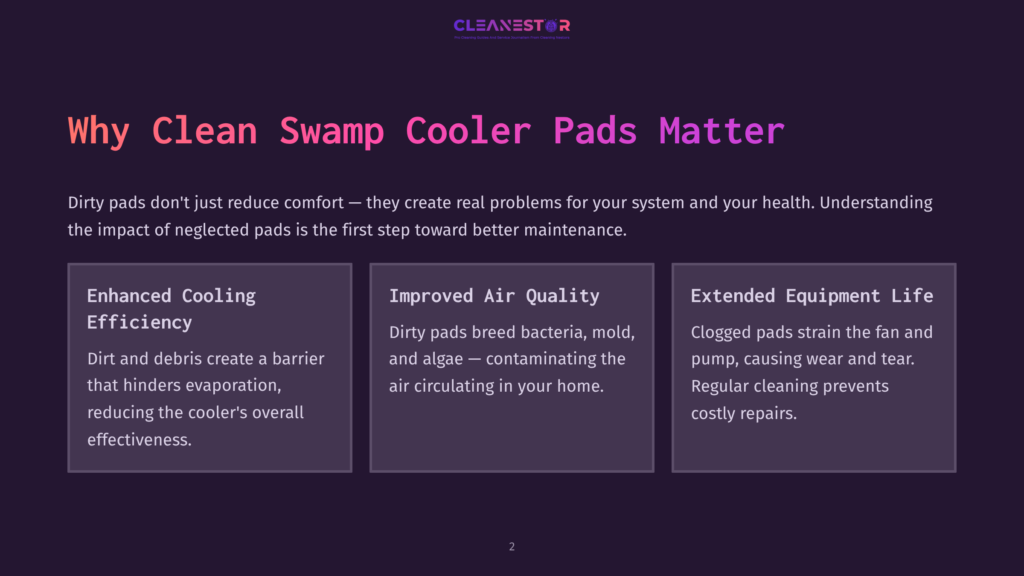2 Why Clean Swamp Cooler Pads Matter Infographic Detailing &Quot;Why Clean Swamp Cooler Pads Matter&Quot; With Three Sections: &Quot;Enhanced Cooling Efficiency,&Quot; &Quot;Improved Air Quality,&Quot; And &Quot;Extended Equipment Life,&Quot; Presented On A Dark Purple Background With A Light Purple Cleanestor Logo At The Top.