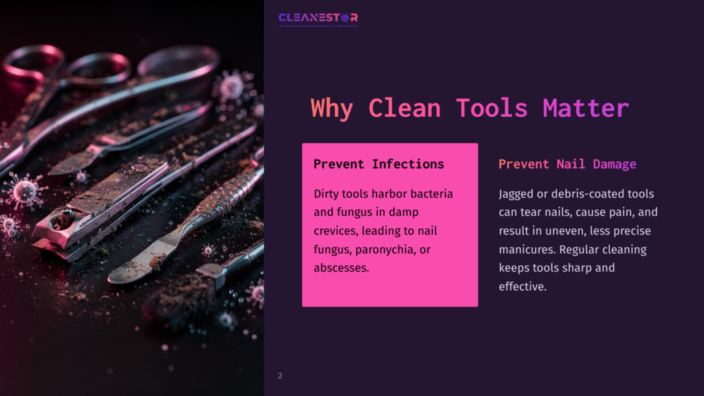 Various Manicure Tools, Including Scissors And Clippers, Are Displayed On A Dark, Textured Surface Alongside Informative Text Boxes.