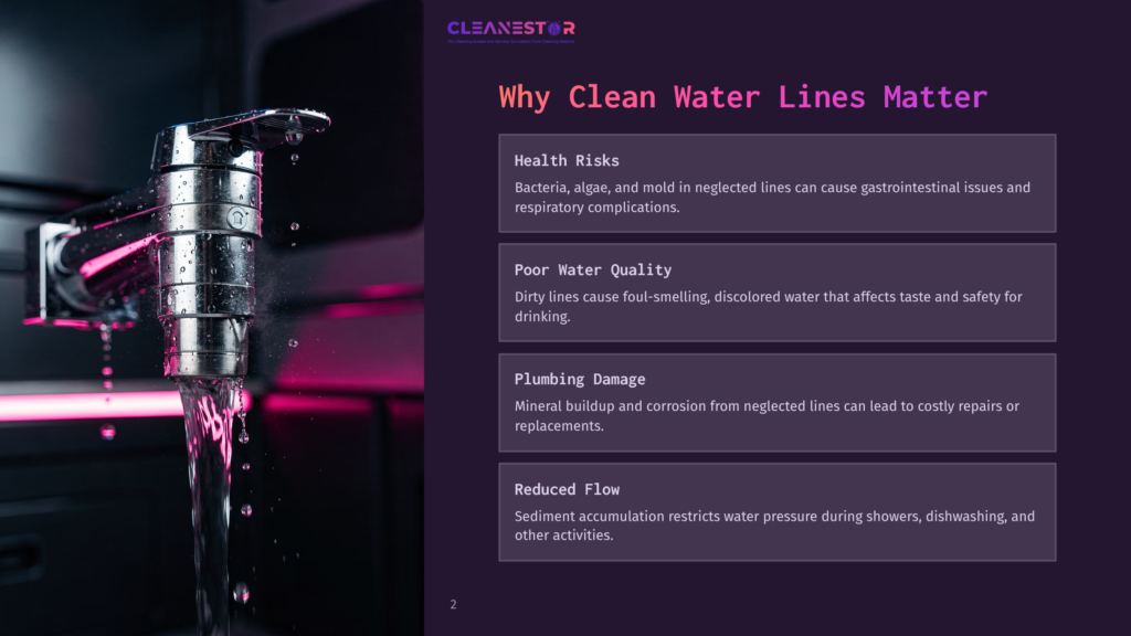 Close-Up Of A Shiny Chrome Faucet With Water Flowing And Splashing, With The Cleanestor Logo And Text &Quot;Why Clean Water Lines Matter&Quot; Visible On A Dark Background.