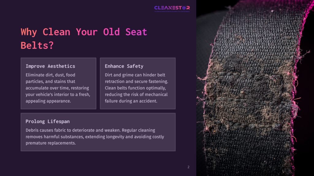 Close-Up Of A Worn, Dirty Seat Belt Showing Accumulated Dirt And Debris, With A Dark, Textured Background Highlighting Its Condition.