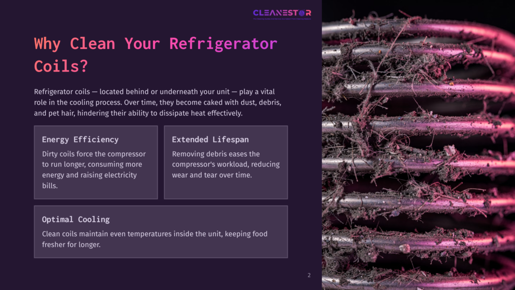 Close-Up Of Dusty Refrigerator Coils, Showing Dark Metal Surfaces Covered In Visible Dirt And Debris, Highlighting The Need For Cleaning.