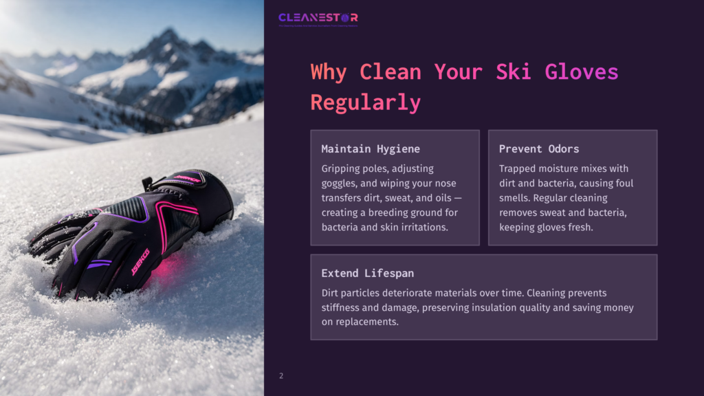 2 Why Clean Your Ski Gloves Regularly Black And Pink Ski Glove Resting On Snow, Accompanied By Text Blocks Outlining Cleaning Benefits For Hygiene And Odor Prevention.