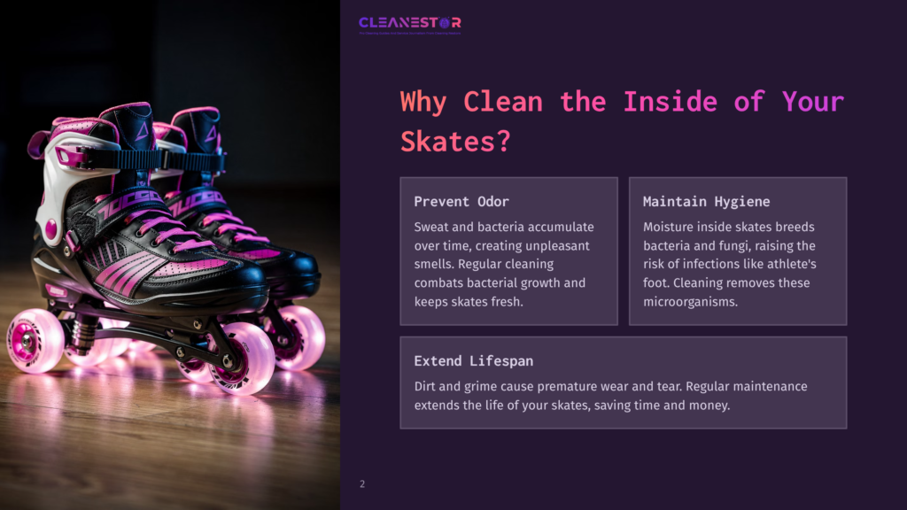 Brightly Colored Roller Skates With Light-Up Wheels On A Dark Background, Accompanied By Text Boxes Highlighting Cleaning Benefits And Hygiene Tips.