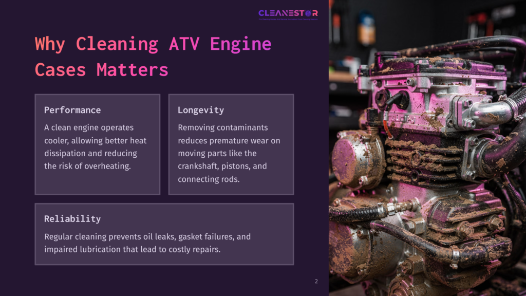 2 Why Cleaning Atv Engine Cases Matters Close-Up Of A Dirty Atv Engine With Visible Grime And Oil, Accompanied By Purple Text Boxes Highlighting Cleaning Benefits.
