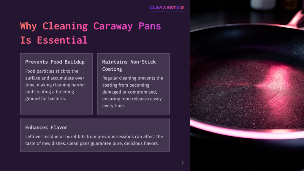 A Close-Up Of A Shiny Caraway Pan With A Reflective Surface And A Pink Backlight, Alongside Informational Text Boxes About Cleaning Benefits.