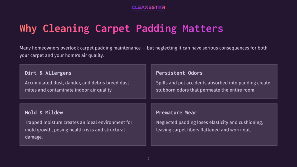 Text-Heavy Infographic With A Dark Background, Detailing Reasons For Cleaning Carpet Padding, Focusing On Allergens, Odors, Mold, And Wear.