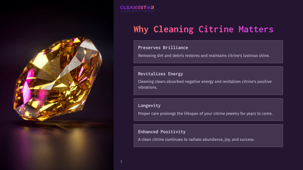 Close-Up Of A Large, Faceted Citrine Gemstone, Glowing With Warm Yellow And Orange Hues, Reflecting Vibrant Pink Light. The Gemstone Sits On A Dark, Reflective Surface, With A Dark Purple Background. Text Overlay Reads &Quot;Cleanestor&Quot; And &Quot;Why Cleaning Citrine Matters.