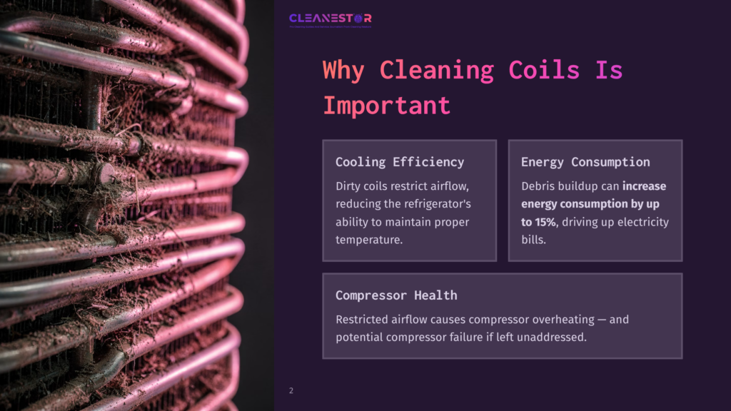 Close-Up Of Dirty Refrigerator Coils With A Dark Background, Highlighting The Importance Of Cleaning For Efficiency And Energy Savings.