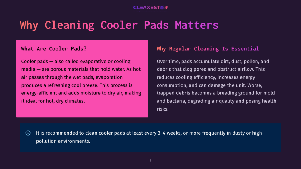 2 Why Cleaning Cooler Pads Matters Why Cleaning Cooler Pads Matters: Text Explains That Cooler Pads Are Porous And Hold Water, Producing A Cooling Breeze. Regular Cleaning Prevents Dust, Pollen, And Debris From Clogging Pads, Which Reduces Cooling Efficiency And Can Damage The Unit.