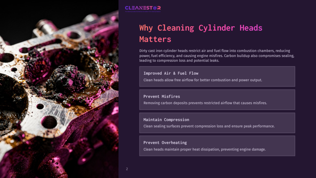 Close-Up Of A Cast Iron Cylinder Head With Purple And Black Hues, Showcasing Carbon Buildup And Residue, Emphasizing The Need For Cleaning.