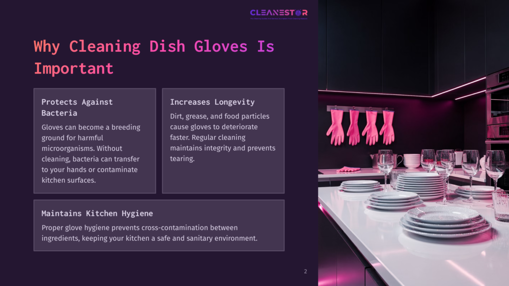 A Modern Kitchen Countertop With Pink Dish Gloves Hanging Above Clean Dishes, Accompanied By Informative Text Boxes In A Sleek Layout.