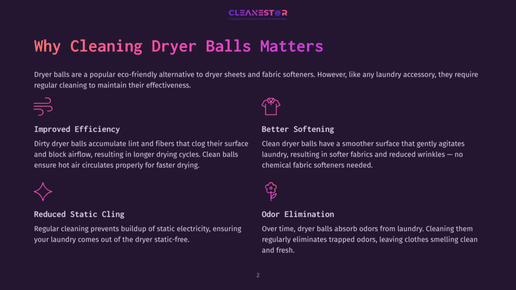 Graphic Highlighting Benefits Of Dryer Balls, Featuring Purple Text On A Dark Background, Divided Into Sections On Efficiency, Softening, Static, And Odor.