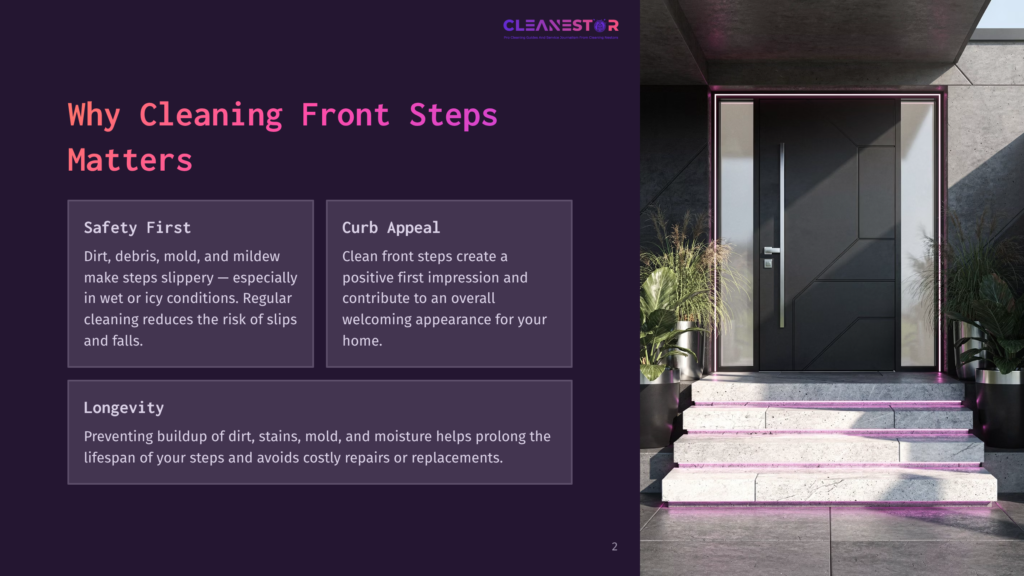Modern Front Steps With A Black Door, Landscaped With Greenery, Highlighted Grasses, And Clean Stone, Emphasizing A Welcoming Entrance.