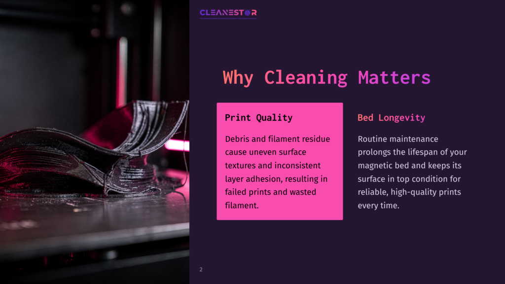 Close-Up Of A 3D Printed Object With Glossy Black Layers, Illuminated By Dramatic Pink And Purple Lighting, Suggesting A Focus On Print Quality And Bed Longevity.