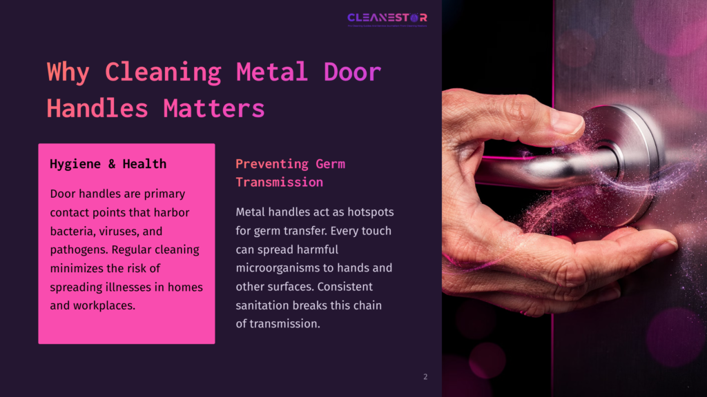 A Hand Is Shown Cleaning A Shiny Metal Door Handle With A Cloth, Emphasizing Hygiene Against Germs. Background Features Dark And Pink Tones.