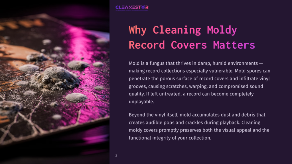 A Close-Up Of A Moldy Record Cover On A Turntable, Featuring Purple Tones And Visible Mold, Highlighting Damage To The Vinyl'S Surface.