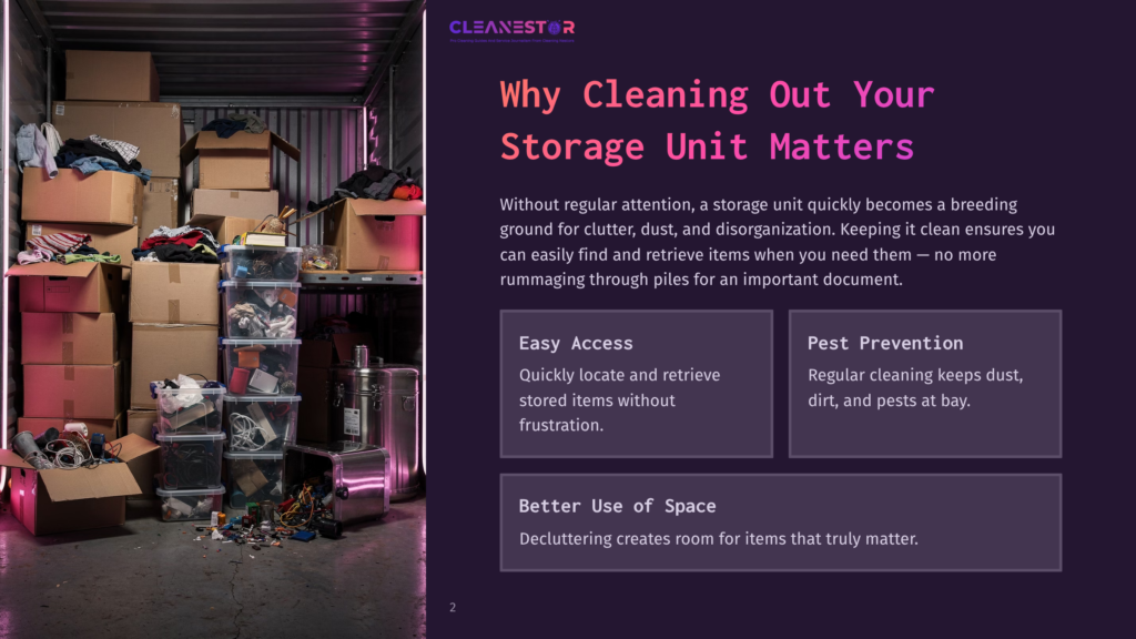 A Cluttered Storage Unit Filled With Boxes, Plastic Bins, And Miscellaneous Items. The Text &Quot;Cleanestor&Quot; Is Visible In The Upper Portion Of The Image.