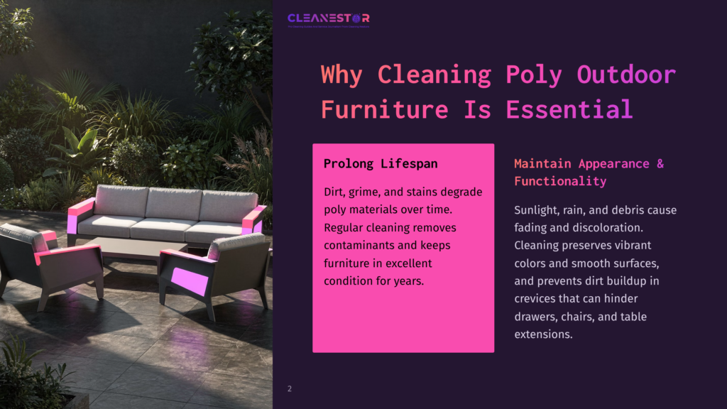 Modern Outdoor Patio Furniture, Including A Grey Sofa And Two Armchairs With Glowing Pink Accents, Sits On A Stone Patio Surrounded By Lush Greenery. Text Overlays Highlight The Importance Of Cleaning Outdoor Furniture.