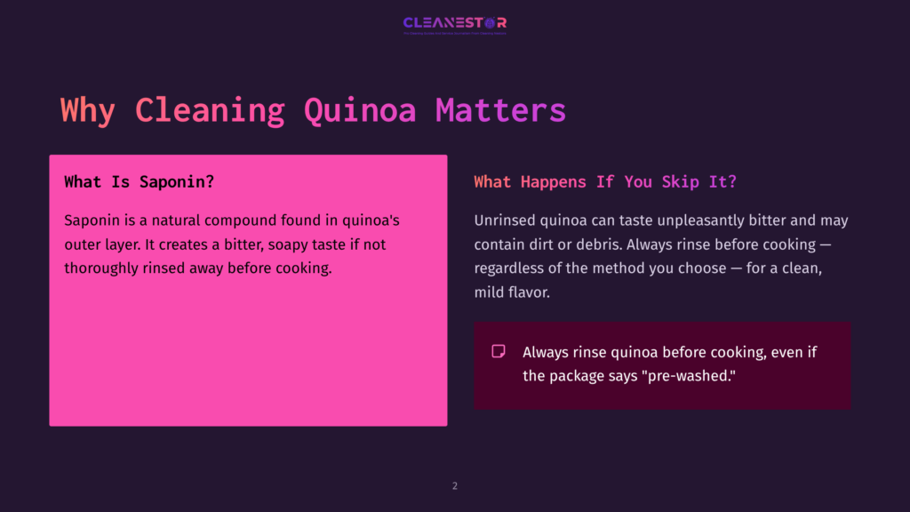 Text Slide With A Bright Pink Box On The Left Detailing Saponin, Next To Darker Text Discussing Rinsing Quinoa And Its Importance.