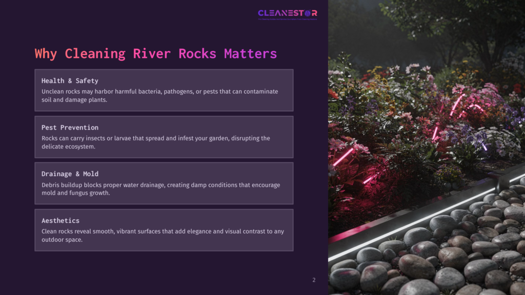 A Slide From A Presentation Titled &Quot;Why Cleaning River Rocks Matters,&Quot; Featuring A Close-Up Of Smooth, Wet River Rocks In The Foreground And A Garden With Vibrant Pink And Purple Flowers And Neon Pink Lights In The Background.