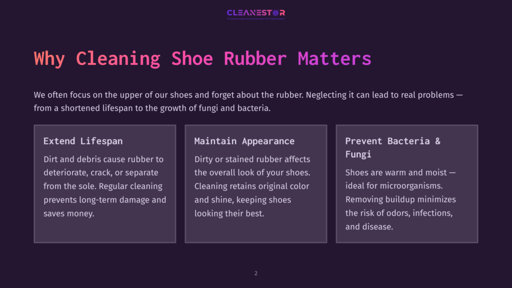 Graphic Explaining Why Cleaning Shoe Rubber Matters, Highlighting Benefits Like Extending Lifespan, Maintaining Appearance, And Preventing Bacteria &Amp; Fungi. The Text Is Set Against A Dark Purple Background With A Cleanestor Logo At The Top.