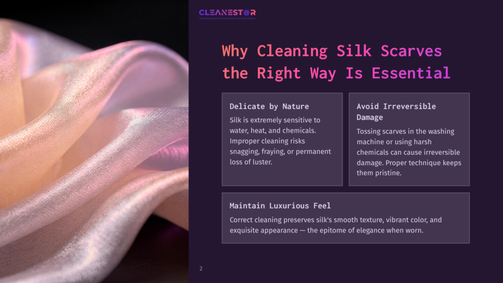 Soft, Flowing Silk Scarf In Pale Pink And Lavender Hues, Showcasing Its Delicate Texture Against A Dark Background With Contrasting Text Boxes.