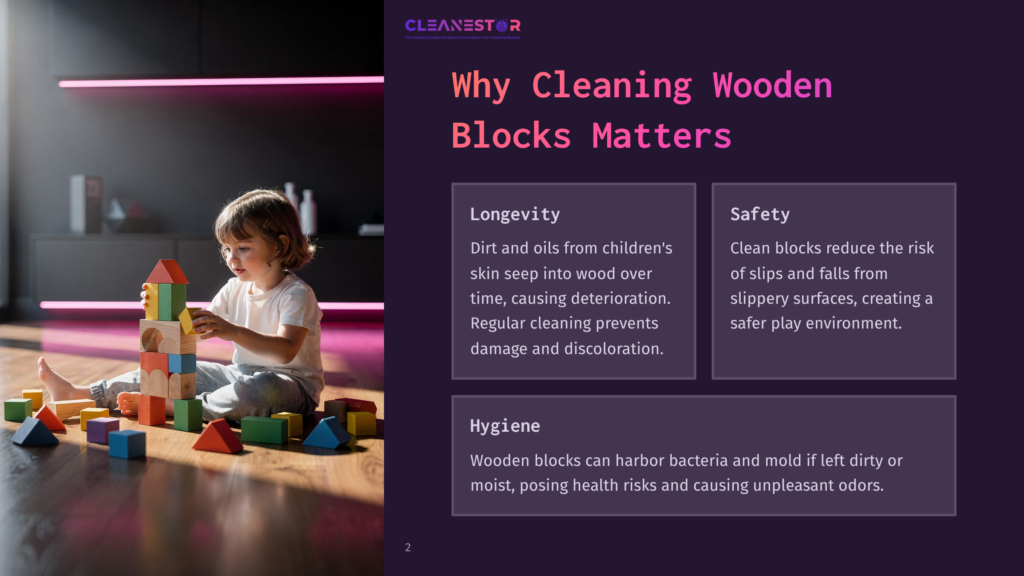A Young Child Sits On A Wooden Floor, Happily Playing With A Colorful Stack Of Wooden Blocks. The Background Is Blurred, With Bright Pink Lights Visible.
