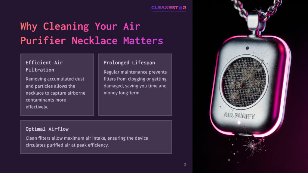 Close-Up Of A Silver Air Purifier Necklace With A Chain, Featuring A Stylized Glowing Pink Outline And Dust Particles Near Its Mesh.