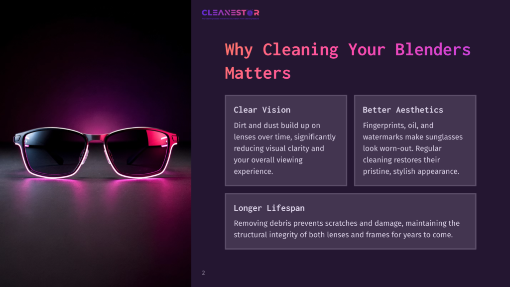 A Pair Of Stylish Sunglasses Rests On A Reflective Surface With Pink And Purple Lighting, Accompanied By Text Highlighting Cleaning Benefits.