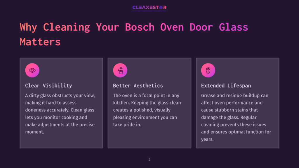 Three Pink Icons On A Dark Purple Background Highlight The Importance Of Cleaning Bosch Oven Door Glass: Visibility, Aesthetics, And Lifespan.