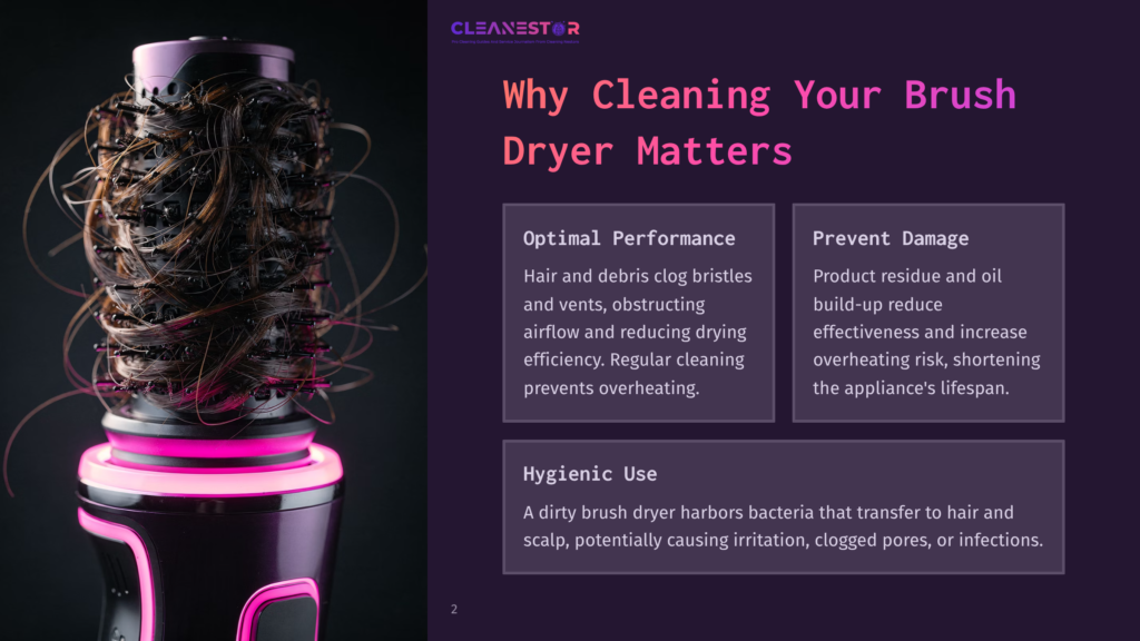 Close-Up Of A Dirty Brush Dryer With Tangled Hair And Lint, Its Pink Led Light Glowing, With Text &Quot;Why Cleaning Your Brush Dryer Matters&Quot; And &Quot;Optimal Performance,&Quot; &Quot;Prevent Damage,&Quot; And &Quot;Hygienic Use&Quot; In The Background.