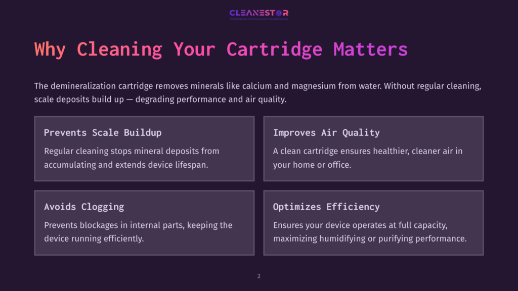 2 Why Cleaning Your Cartridge Matters Infographic Titled &Quot;Why Cleaning Your Cartridge Matters&Quot; With Four Panels: &Quot;Prevents Scale Buildup,&Quot; &Quot;Improves Air Quality,&Quot; &Quot;Avoids Clogging,&Quot; And &Quot;Optimizes Efficiency.