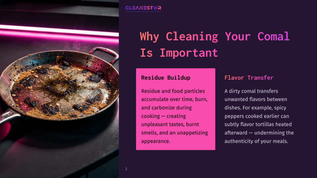 A Greasy, Blackened Comal Sits Under Purple Lighting, Showcasing Food Residue And Stains, With Text Discussing Residue Buildup And Flavor Transfer.