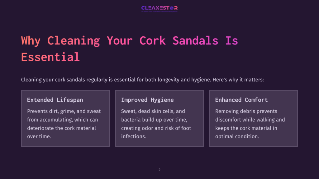 Three White Text Boxes On A Purple Background Highlight Benefits Of Cleaning Cork Sandals: Lifespan, Hygiene, And Comfort.