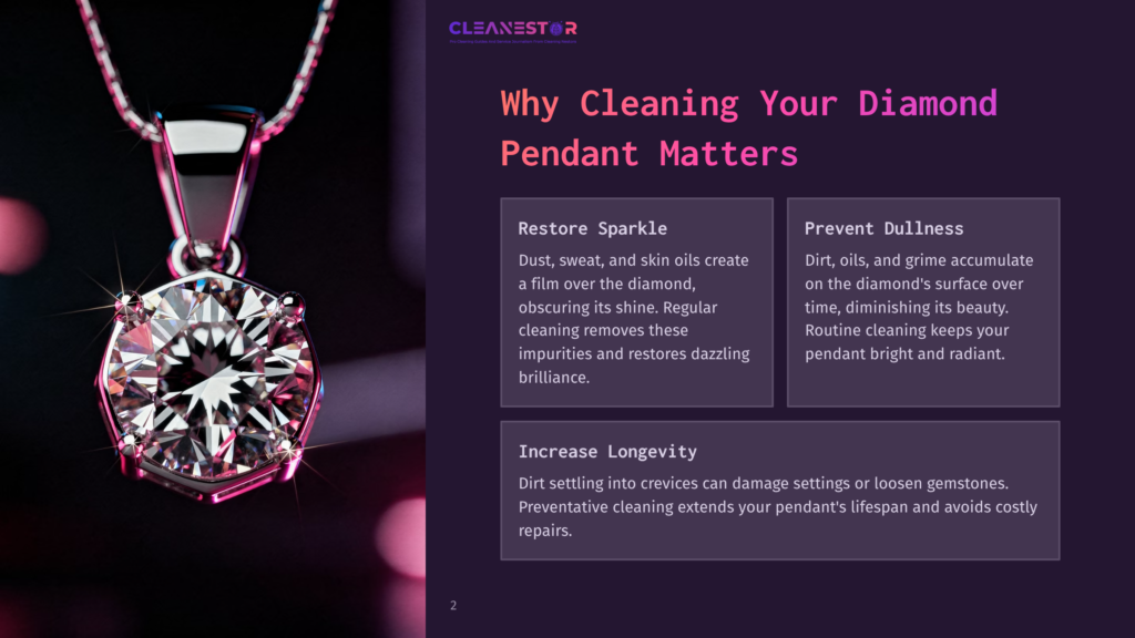 A Close-Up Of A Sparkling Diamond Pendant On A Delicate Chain, With A Pink Background And Informative Text About Diamond Care.