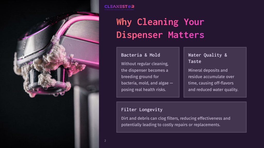 2 Why Cleaning Your Dispenser Matters Close-Up Of A Water Dispenser Nozzle Heavily Encrusted With White Mineral Deposits And What Appears To Be Mold Or Algae, Highlighting The Need For Regular Cleaning To Prevent Bacteria And Improve Water Quality.