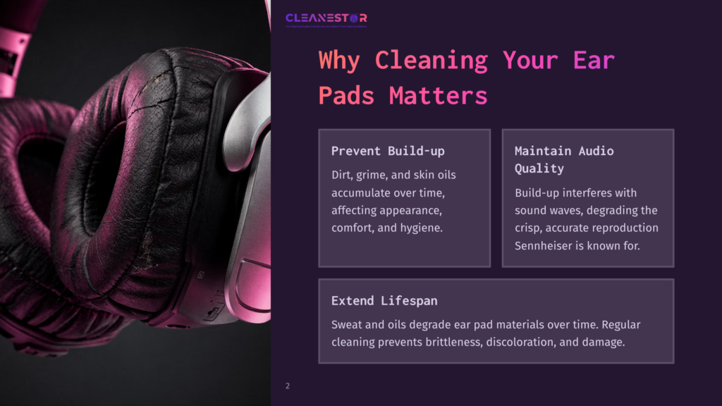 Close-Up Of Black Sennheiser Ear Pads With A Pink Accent, Accompanied By Text Highlighting The Importance Of Cleaning For Durability And Audio Quality.