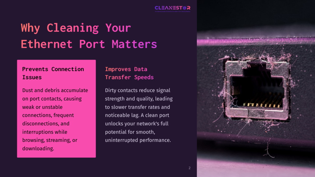 2 Why Cleaning Your Ethernet Port Matters Close-Up Of A Dirty Ethernet Port On A Black Device, Clogged With Dust And Debris, Highlighting The Need For Cleaning To Prevent Connection Issues And Improve Data Transfer Speeds.
