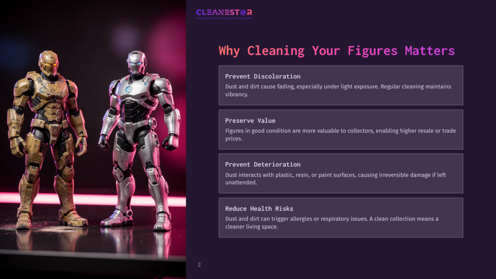 2 Why Cleaning Your Figures Matters Two Action Figures Stand Side By Side, With One In A Gold And Brown Armor And The Other In Sleek Silver. A Colorful Background Enhances Their Features.