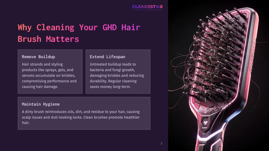 2 Why Cleaning Your Ghd Hair Brush Matters Close-Up Of A Dirty Ghd Hair Brush With Accumulated Hair Strands, Dust, And Product Residue, Set Against A Dark Background. The Brush Has Pink Bristles And A White Handle.