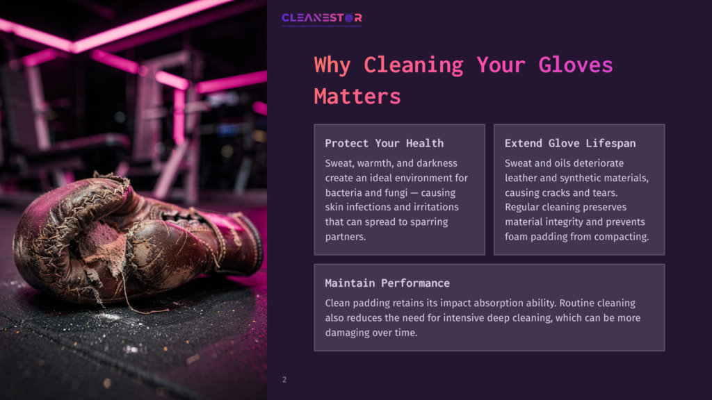 A Close-Up Of A Worn, Brown Leather Boxing Glove Resting On A Dark, Textured Surface, With A Blurred Background Of Pink And Purple Gym Lights. Text Overlay Reads &Quot;Cleanestor&Quot; And &Quot;Why Cleaning Your Gloves Matters&Quot;.