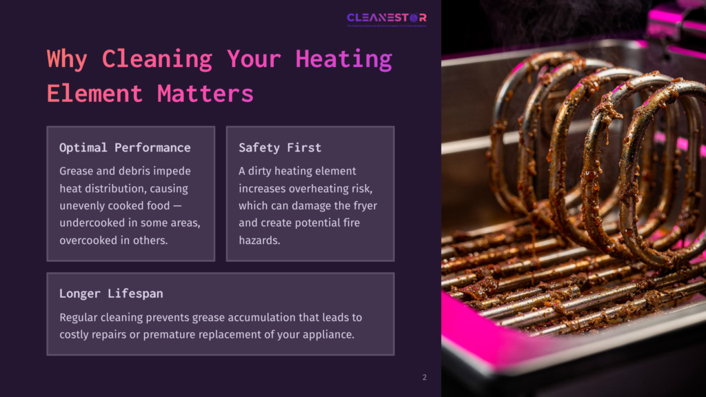 Close-Up Of A Greasy, Dirty Heating Element In A Deep Fryer, Encrusted With Burnt Food Residue, Highlighting The Need For Cleaning To Ensure Optimal Performance And Safety.