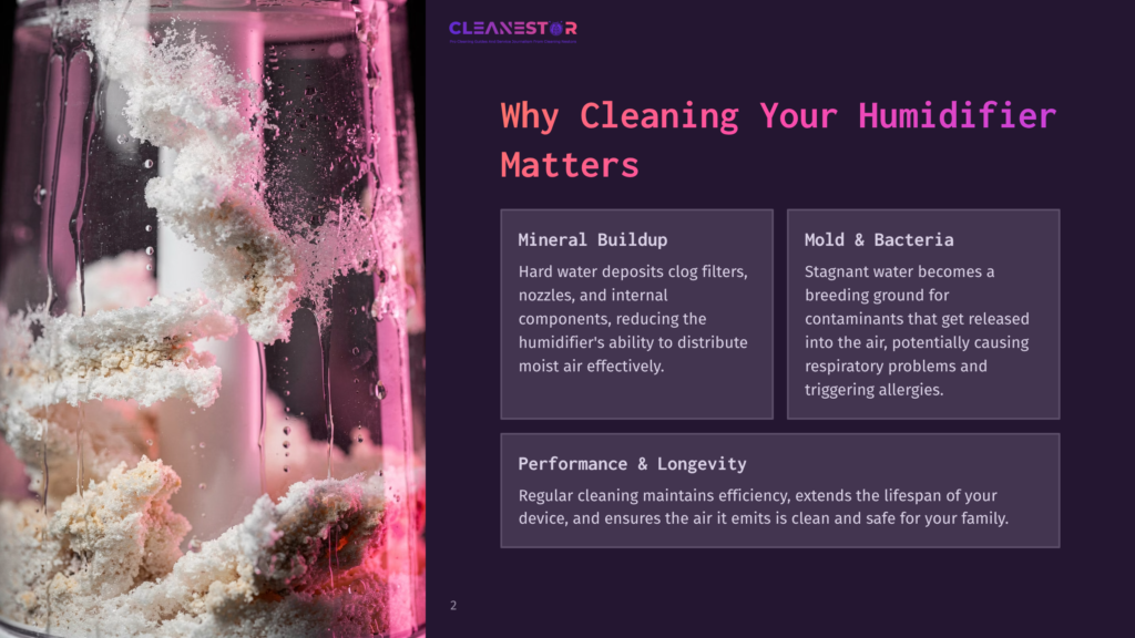 2 Why Cleaning Your Humidifier Matters Close-Up Of A Humidifier Tank With White Mineral Buildup Coating The Inside, Next To Text About Cleaning Humidifiers.