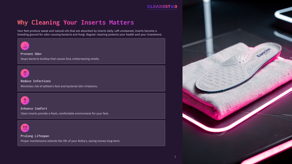 A Close-Up Of A Rothy'S Shoe Insert On A Gray Towel, With A Purple And Black Layout Featuring Text On Cleaning Benefits.