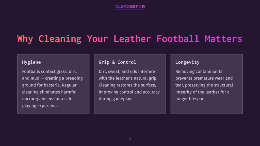 2 Why Cleaning Your Leather Football Matters Three Text Boxes On A Dark Purple Background Highlight Benefits Of Cleaning A Leather Football: Grip &Amp; Control, Longevity, And Cleanliness.