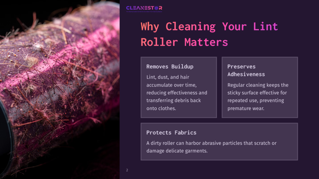 2 Why Cleaning Your Lint Roller Matters Close-Up Of A Dirty, Used Lint Roller Covered In Pink Fibers, Dust, And Debris, Highlighting The Need For Cleaning Your Lint Roller.