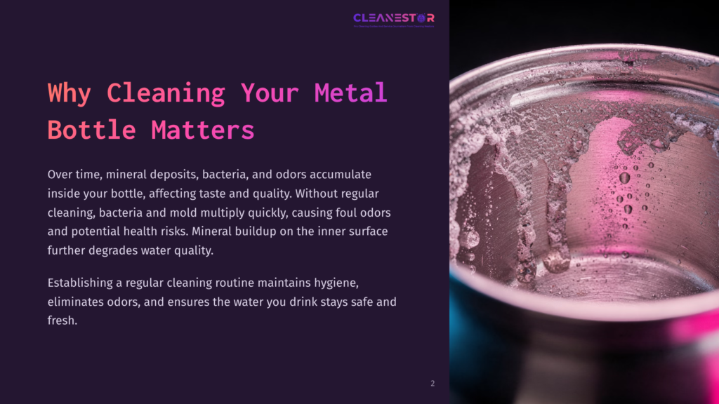 Close-Up Of The Inside Of A Metal Water Bottle With White Residue And Water Droplets, Highlighting The Need For Cleaning Metal Bottles To Remove Mineral Deposits And Bacteria.