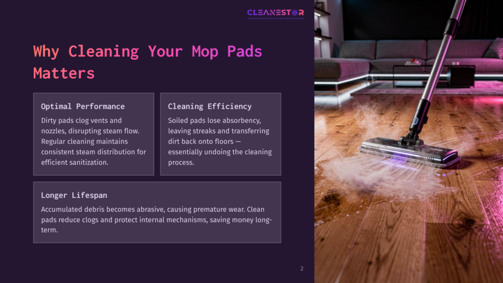 A Shark Steam Mop With Steam Visible, Positioned On A Wooden Floor In A Modern Room, Next To A Text Box Discussing Mop Pad Cleaning Benefits.