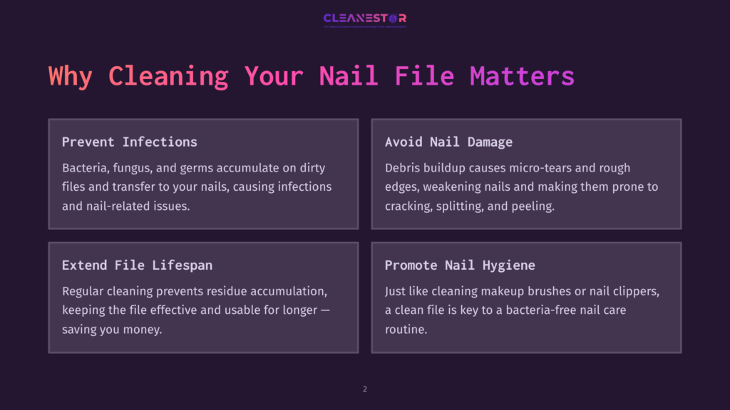 Four Purple Boxes On A Dark Background Detailing Benefits Of Nail File Hygiene: Preventing Infections, Avoiding Damage, Extending Lifespan, And Promoting Nail Hygiene.