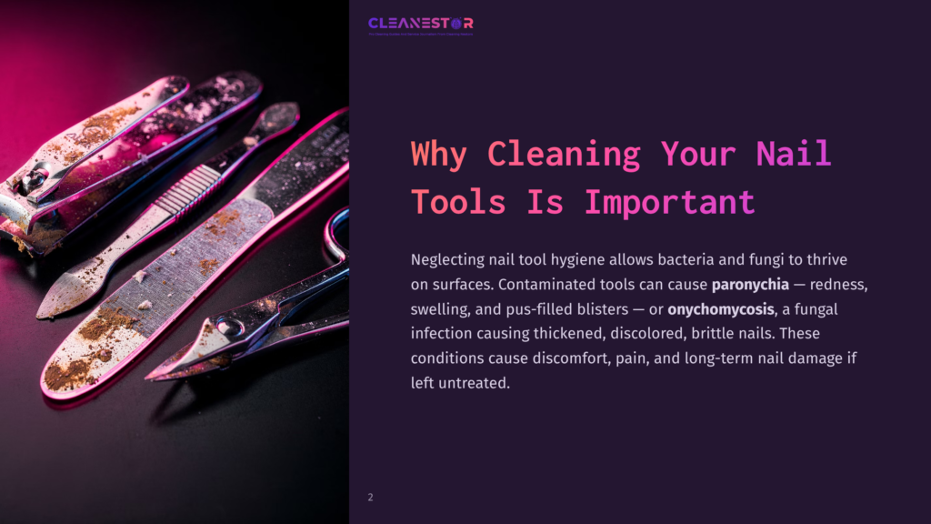 Close-Up Of Dirty, Used Nail Clippers And Files Covered In Brown Residue, Highlighting The Importance Of Cleaning Nail Tools.